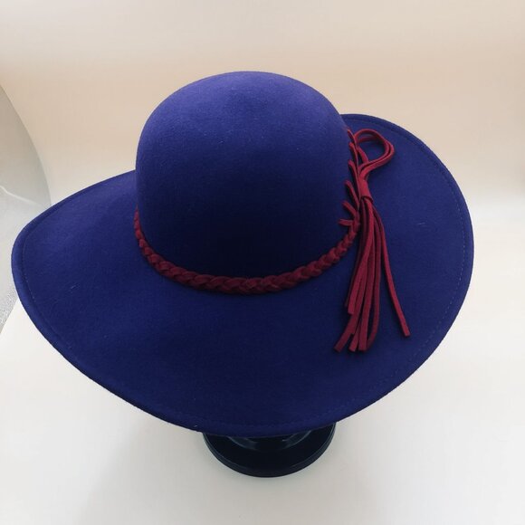 Vintage Royal Purple Wool Wide-Brim Hat – Burgundy Braided Trim & Bow Detail